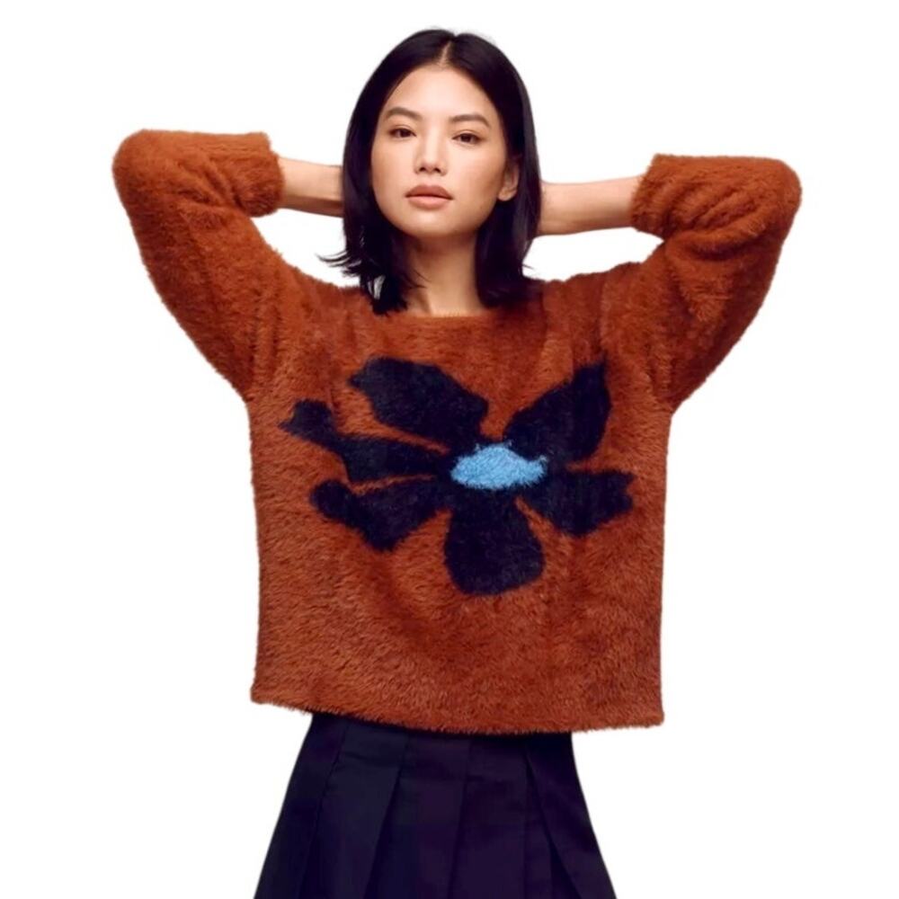 Anthropologie 4SI3NNA Graphic Eyelash Fuzzy Sweater Brown motif color size M